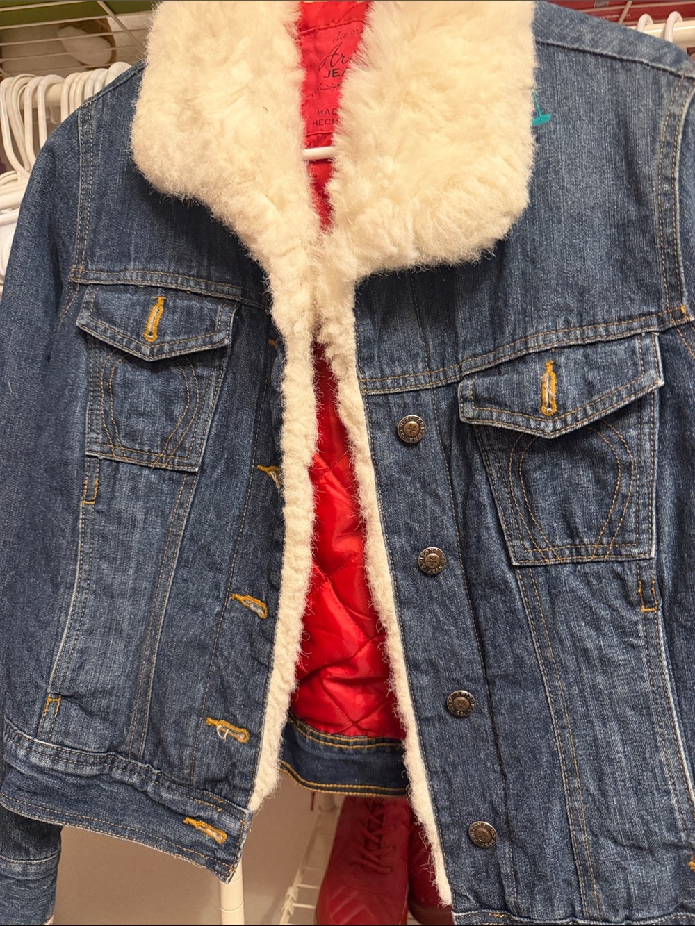 Arizona Jean Company Blue Denim Jacket with Cream Sherpa Collar and Red Lining